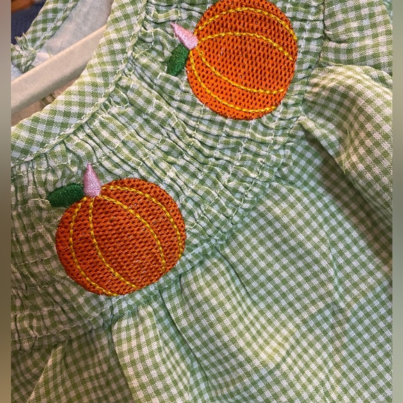 🎃$12 SALE Fall Gingham Dress Smocked Embroidered Pumpkins Boutique Size 2/3 - Picture 2 of 6